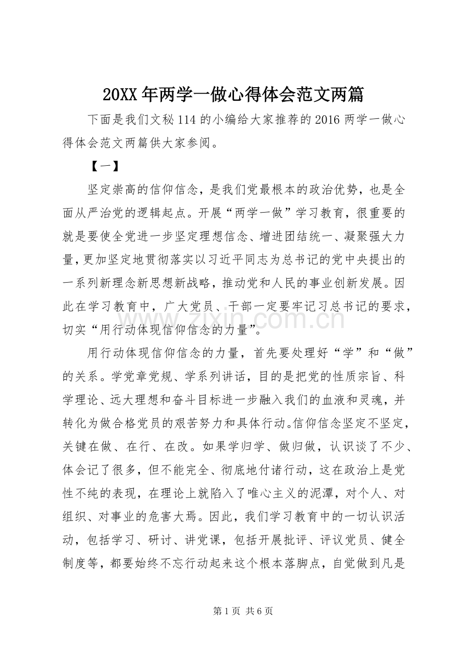 20XX年两学一做心得体会范文两篇.docx_第1页