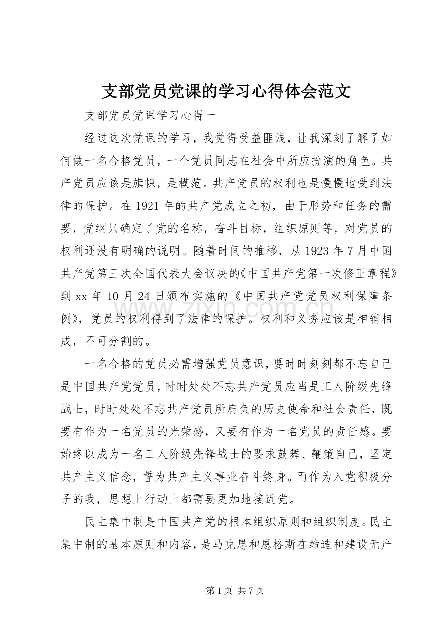 支部党员党课的学习心得体会范文.docx_第1页