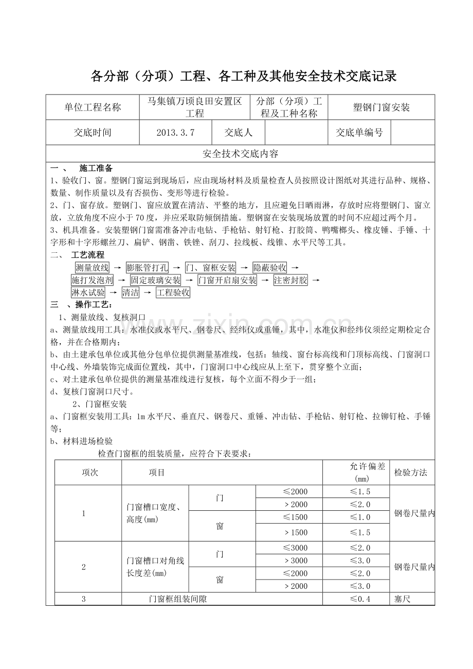 马集镇万顷良田安置区工程塑钢门窗安装安全技术交底.2013.doc_第1页