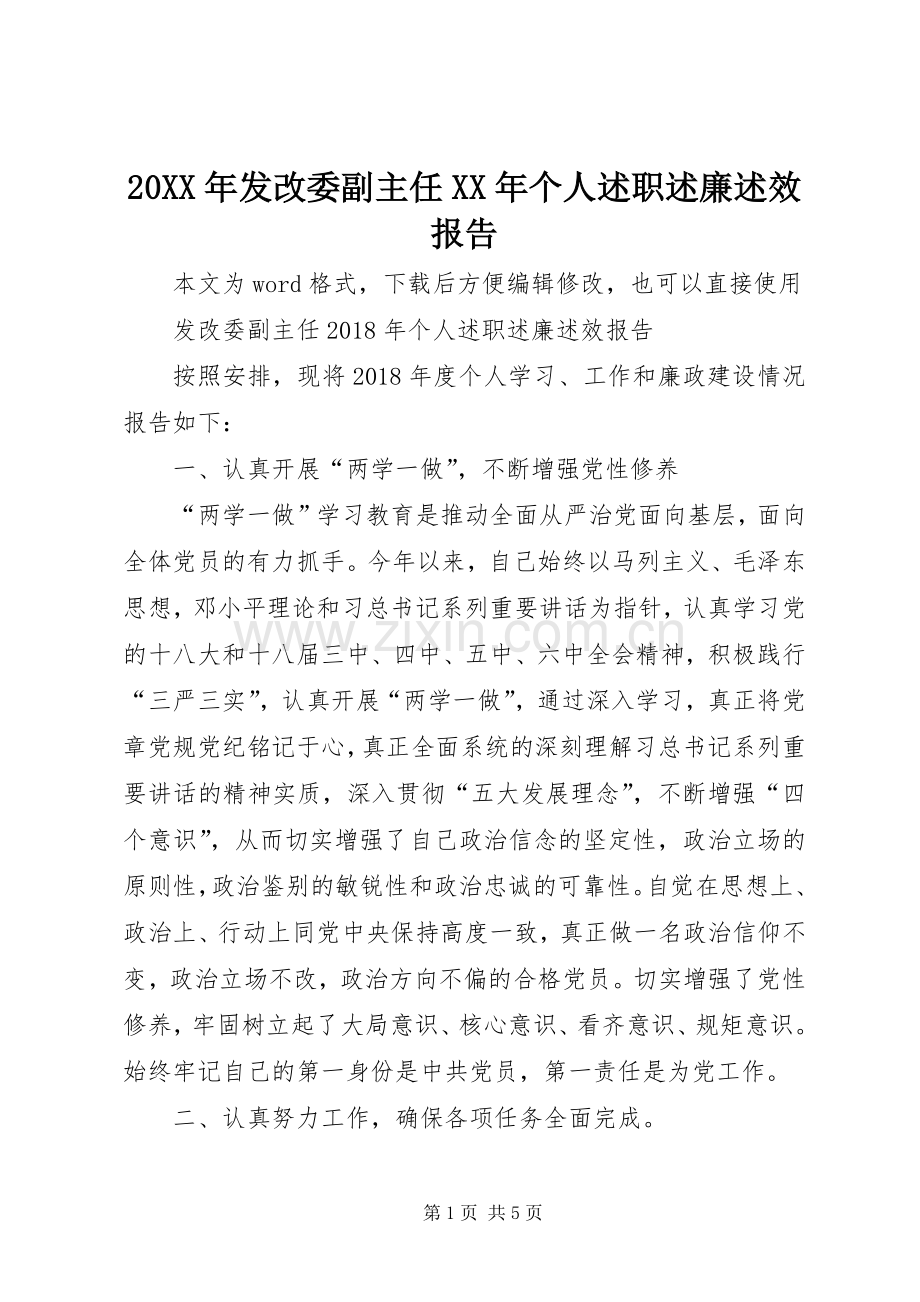 20XX年发改委副主任XX年个人述职述廉述效报告.docx_第1页