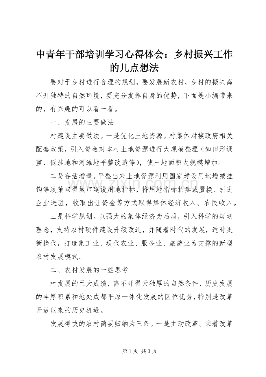 中青年干部培训学习心得体会：乡村振兴工作的几点想法.docx_第1页