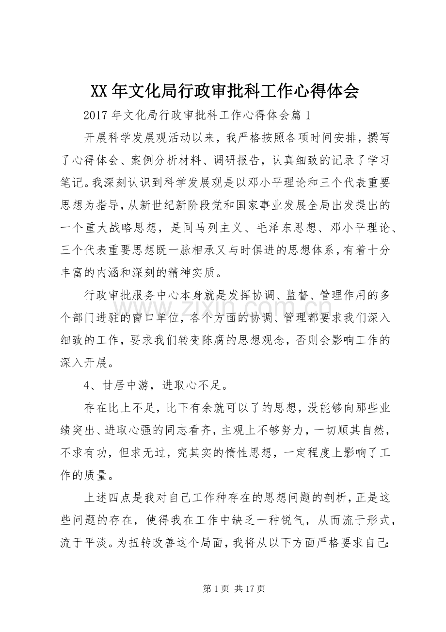 XX年文化局行政审批科工作心得体会.docx_第1页