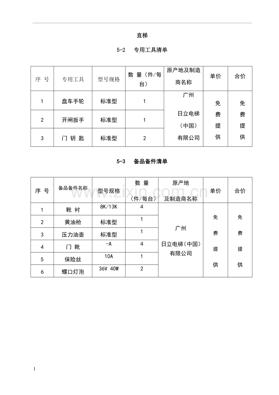 电梯-专用工具、备品备件清单.doc_第1页