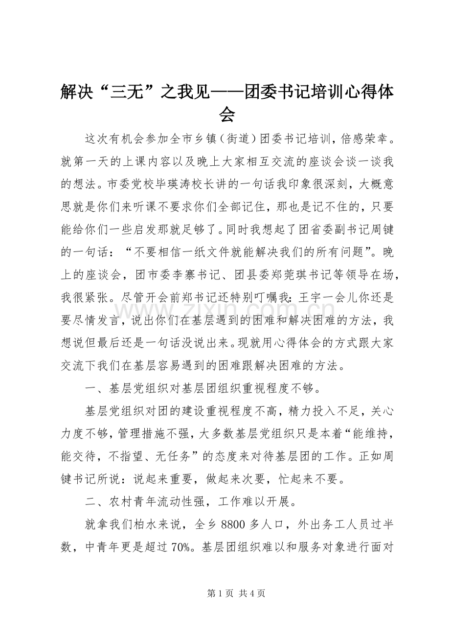 解决“三无”之我见——团委书记培训心得体会.docx_第1页