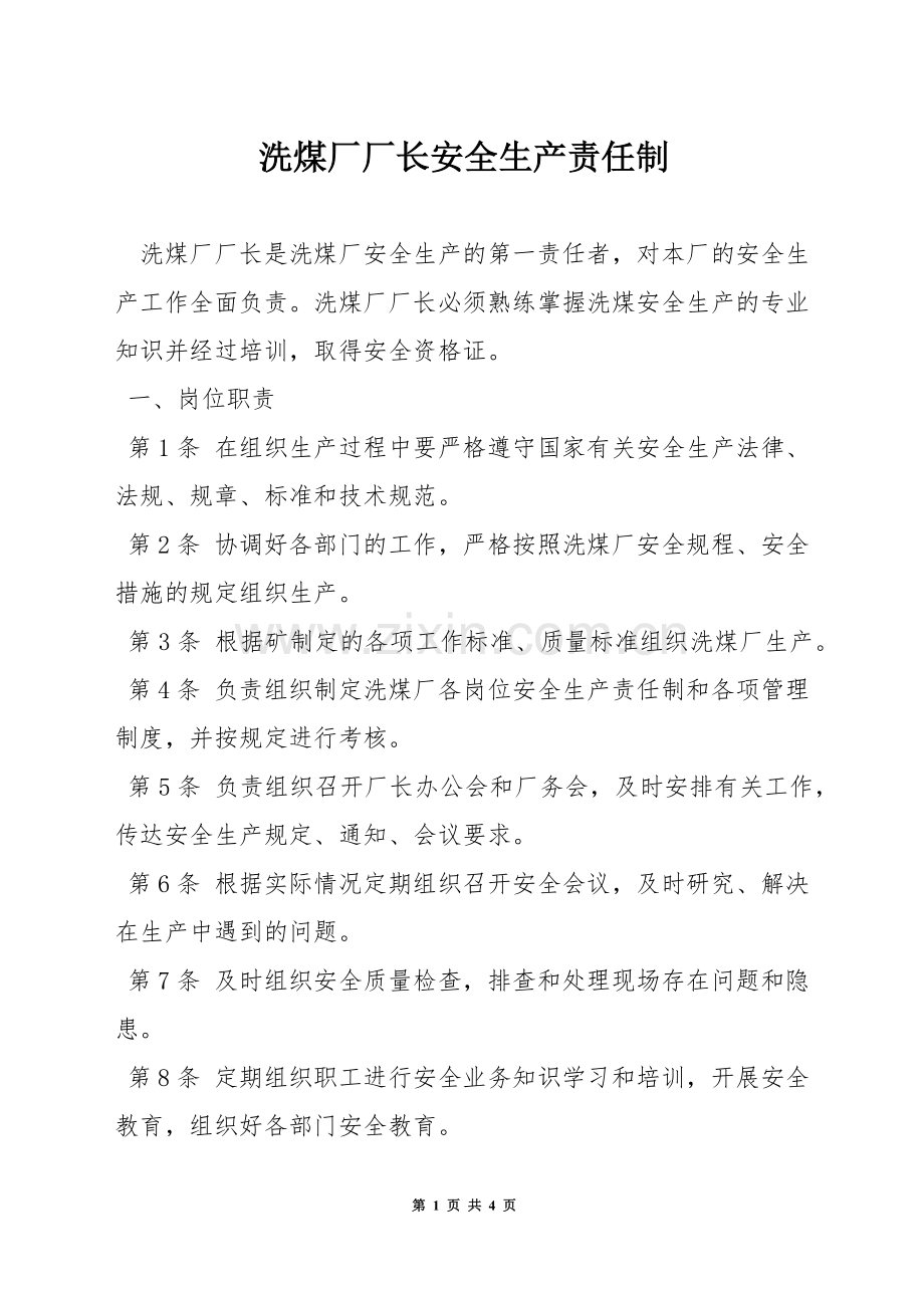 洗煤厂厂长安全生产责任制.docx_第1页