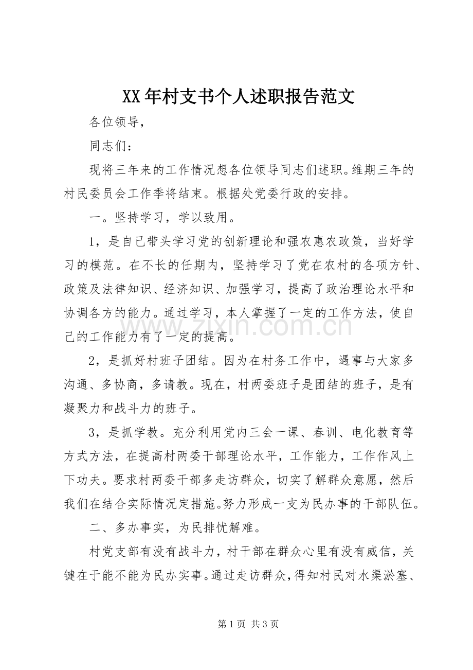 XX年村支书个人述职报告范文.docx_第1页