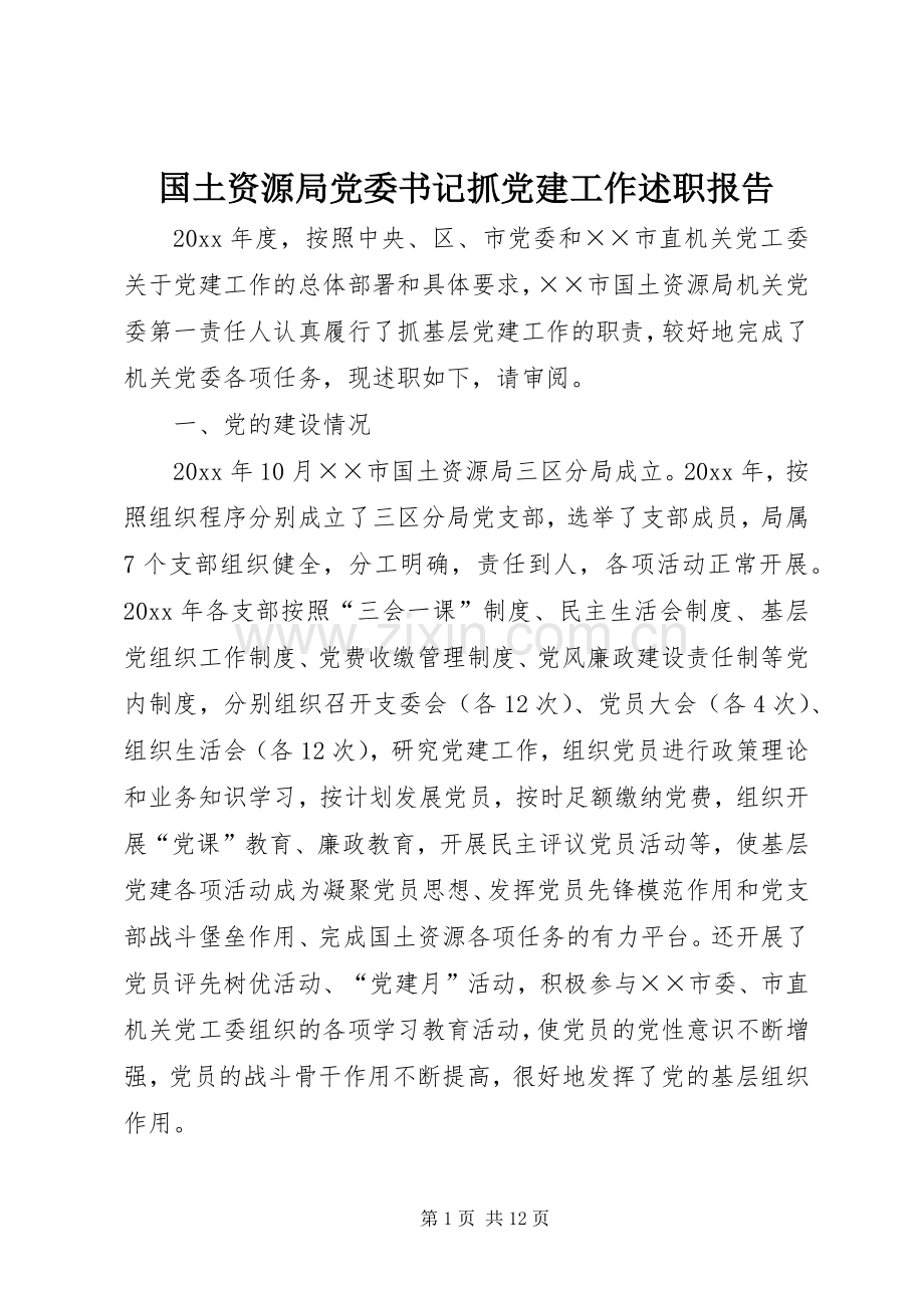 国土资源局党委书记抓党建工作述职报告.docx_第1页