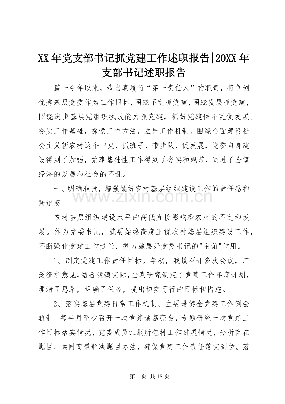 XX年党支部书记抓党建工作述职报告-20XX年支部书记述职报告.docx_第1页