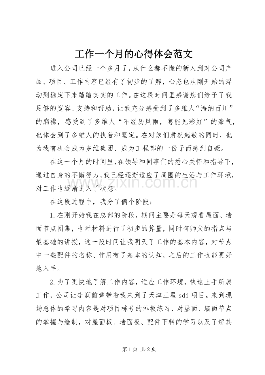 工作一个月的心得体会范文.docx_第1页