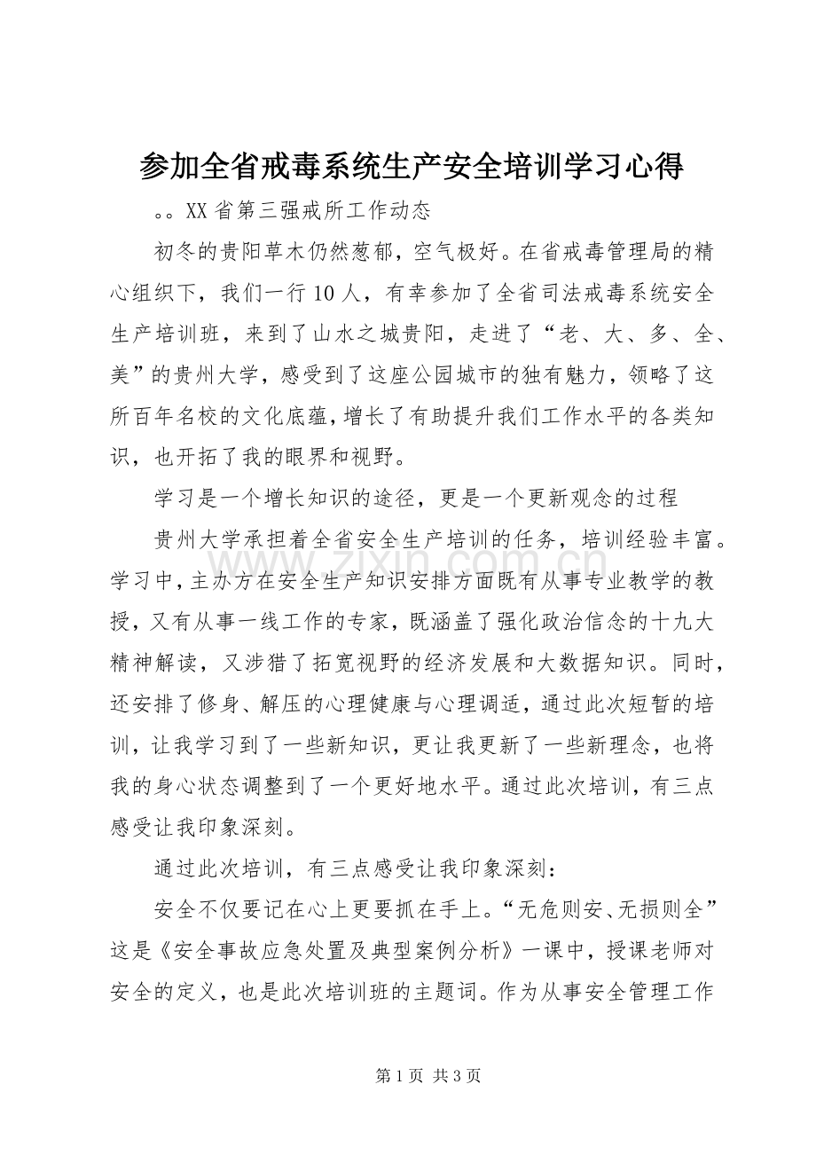 参加全省戒毒系统生产安全培训学习心得.docx_第1页