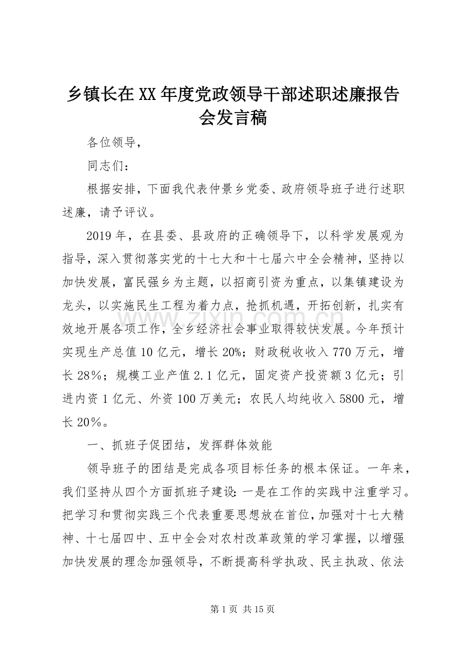 乡镇长在XX年度党政领导干部述职述廉报告会发言稿.docx_第1页