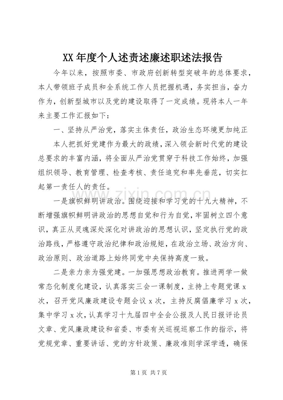 XX年度个人述责述廉述职述法报告.docx_第1页