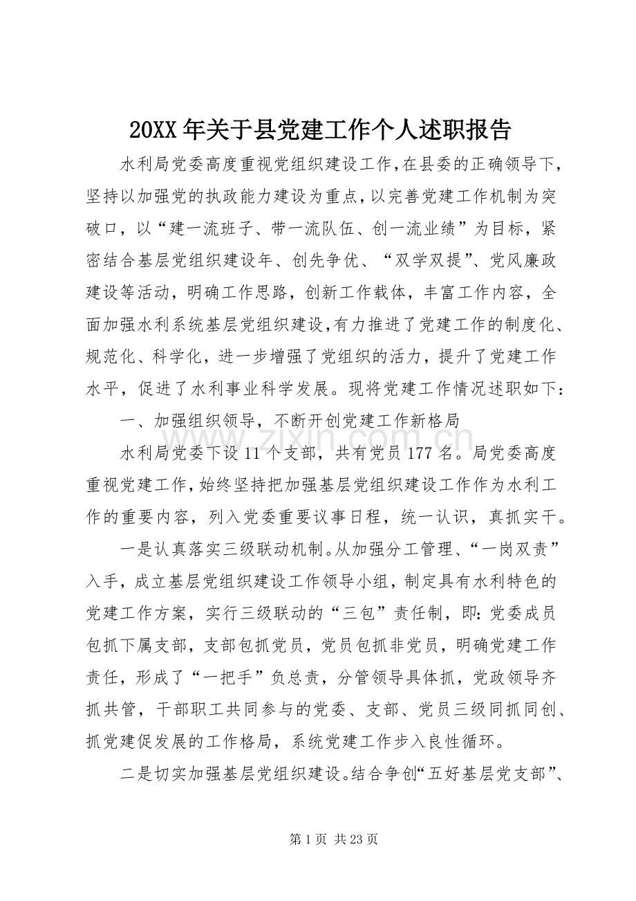 20XX年关于县党建工作个人述职报告.docx_第1页