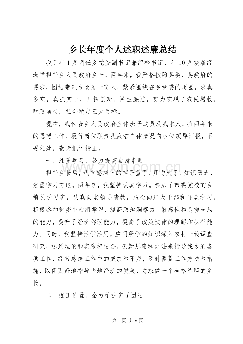 乡长年度个人述职述廉总结.docx_第1页