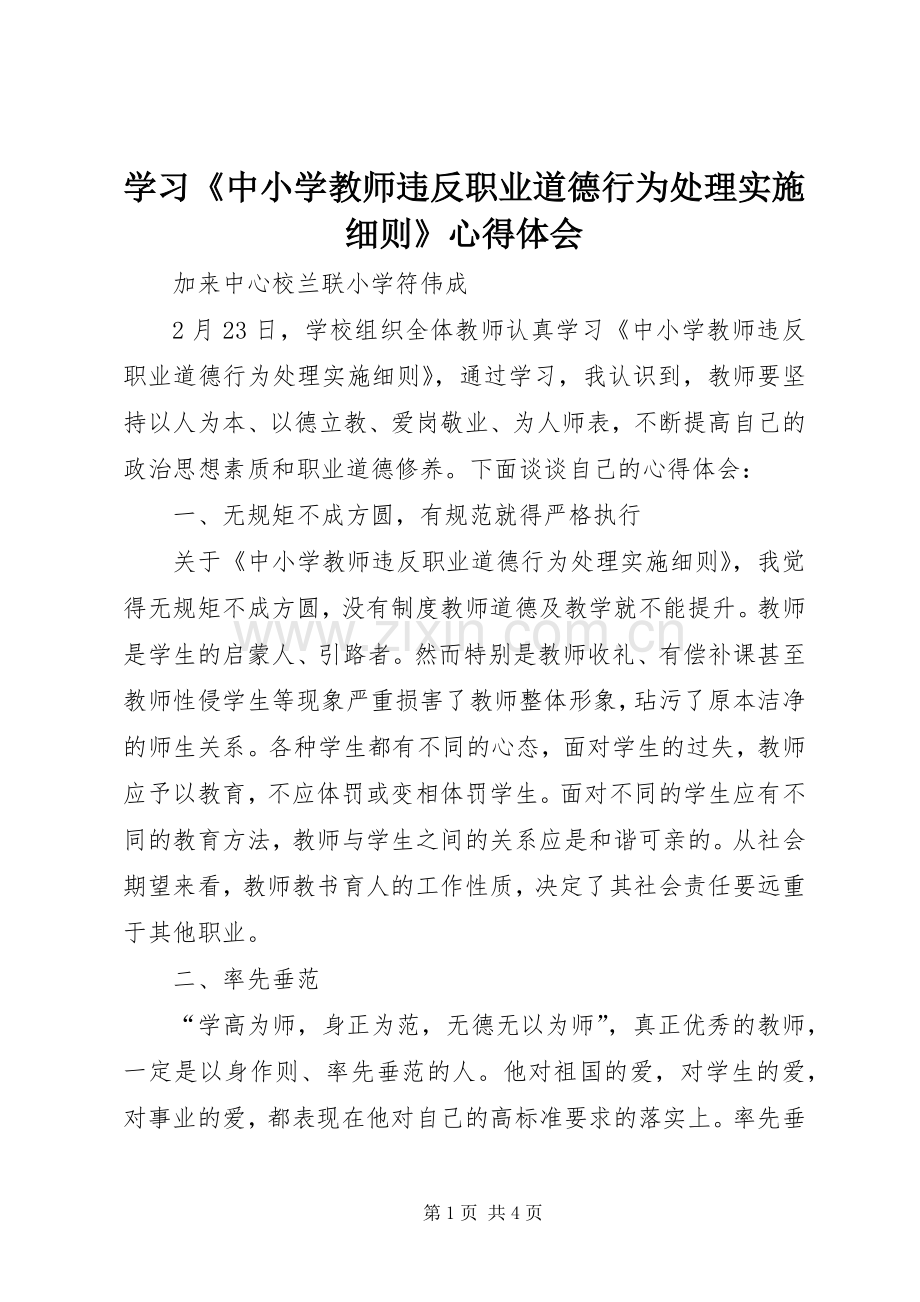 学习《中小学教师违反职业道德行为处理实施细则》心得体会.docx_第1页