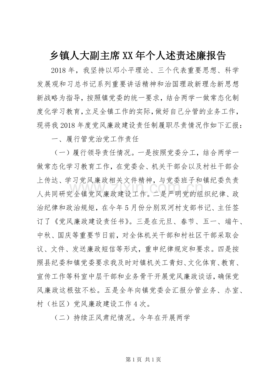 乡镇人大副主席XX年个人述责述廉报告.docx_第1页