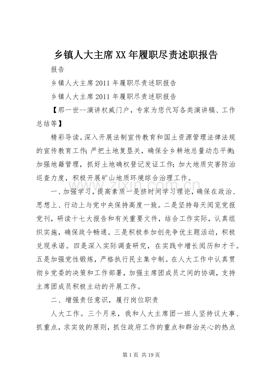 乡镇人大主席XX年履职尽责述职报告.docx_第1页