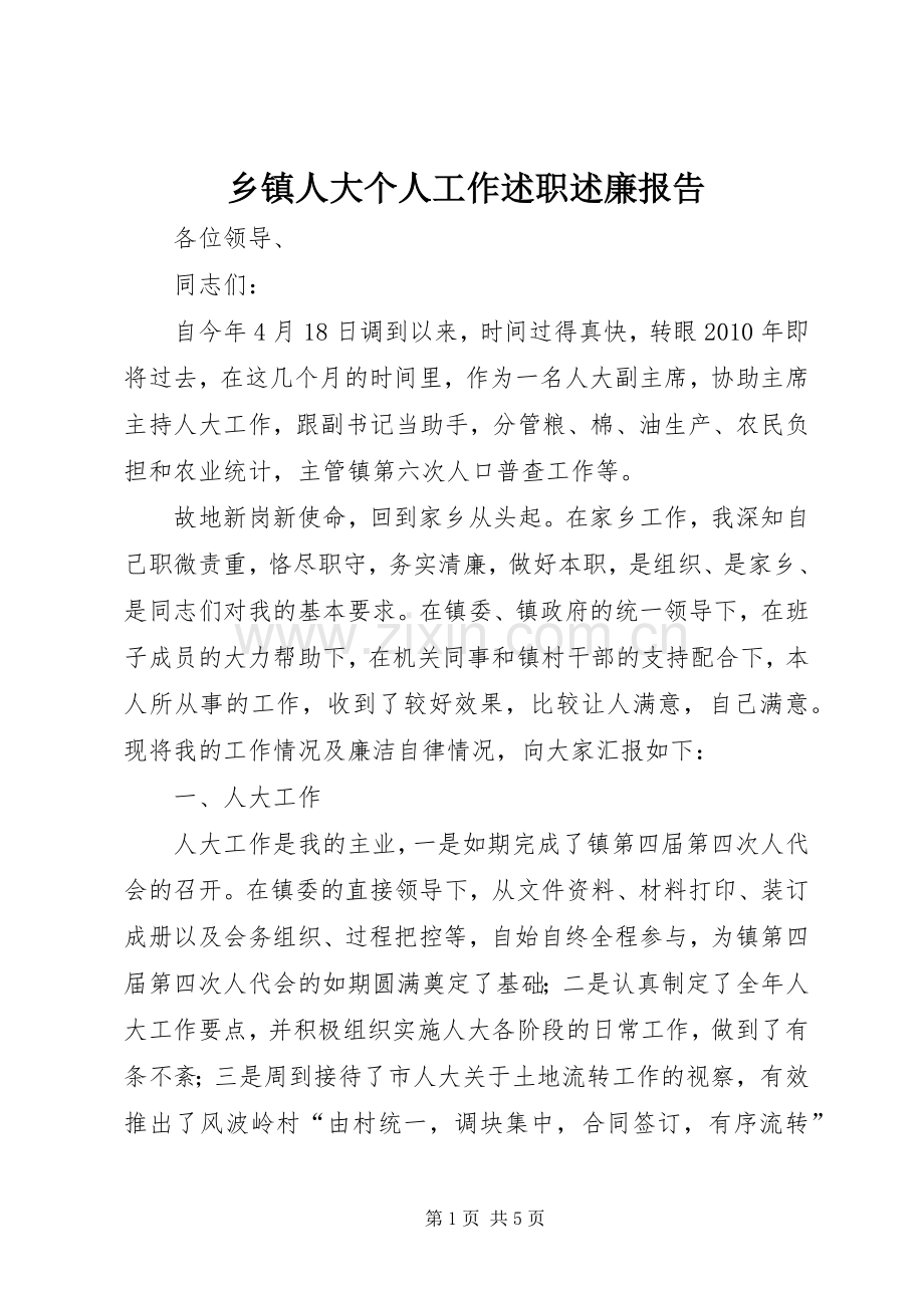 乡镇人大个人工作述职述廉报告.docx_第1页