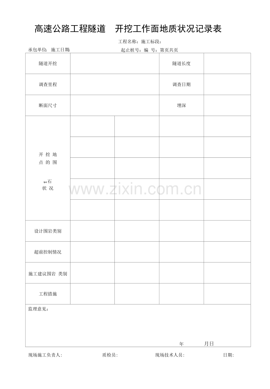 高速公路工程隧道开挖工作面地质状况记录表.docx_第1页