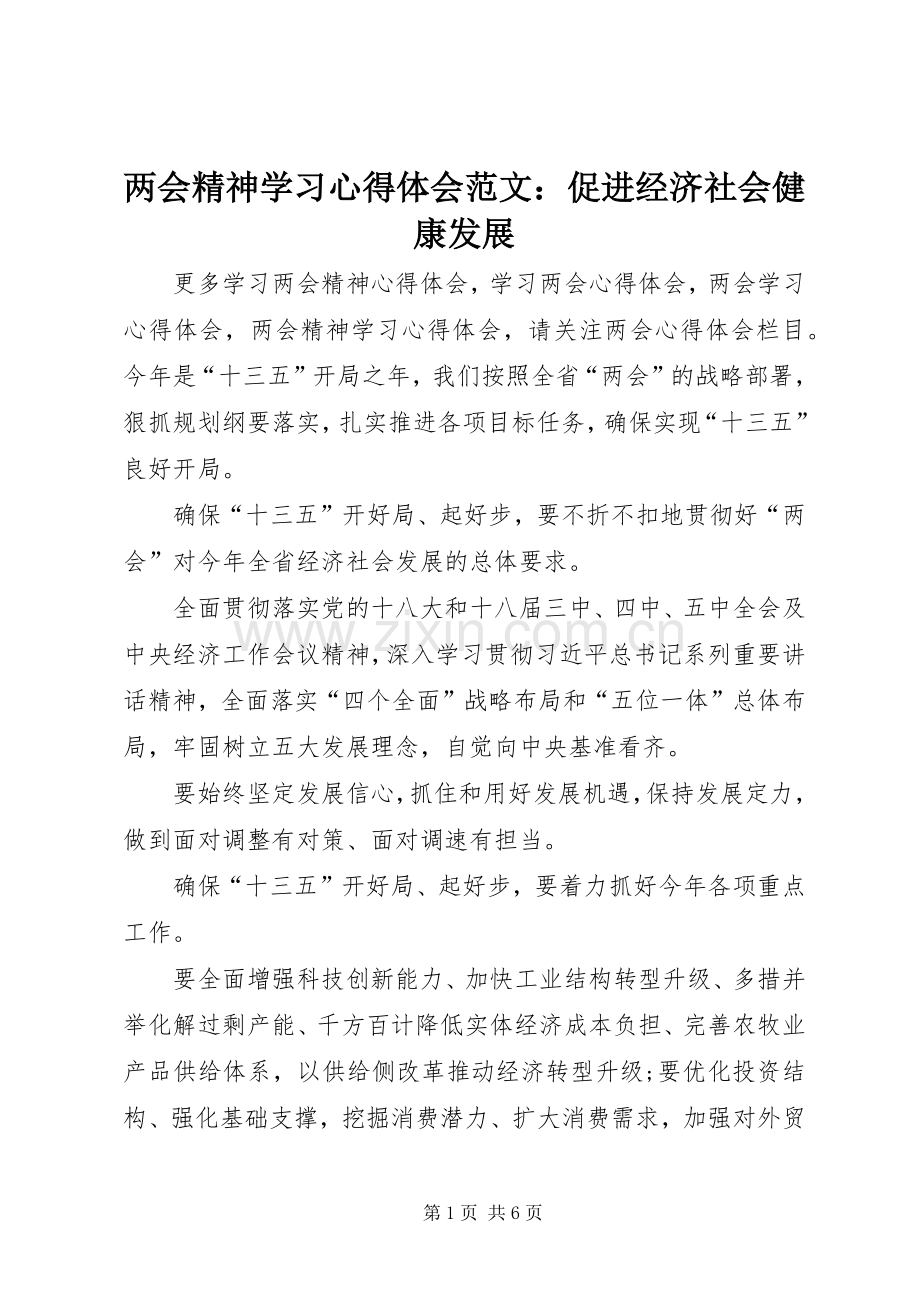 两会精神学习心得体会范文：促进经济社会健康发展.docx_第1页