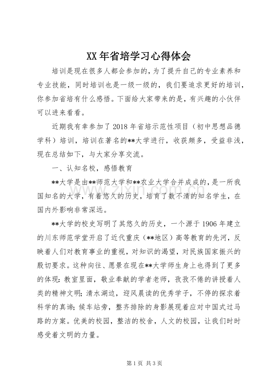 XX年省培学习心得体会.docx_第1页