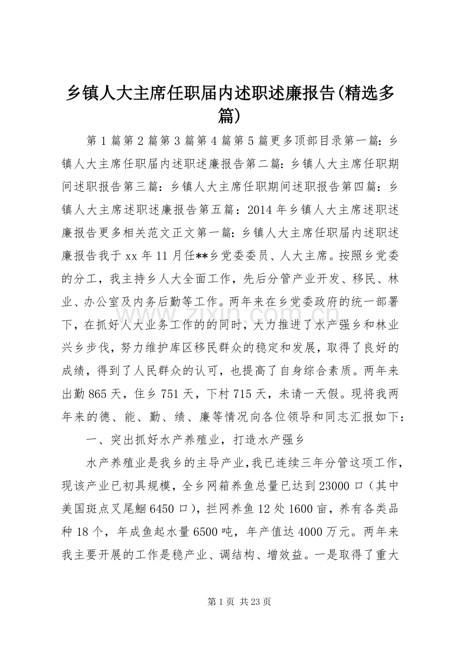 乡镇人大主席任职届内述职述廉报告(多篇).docx_第1页