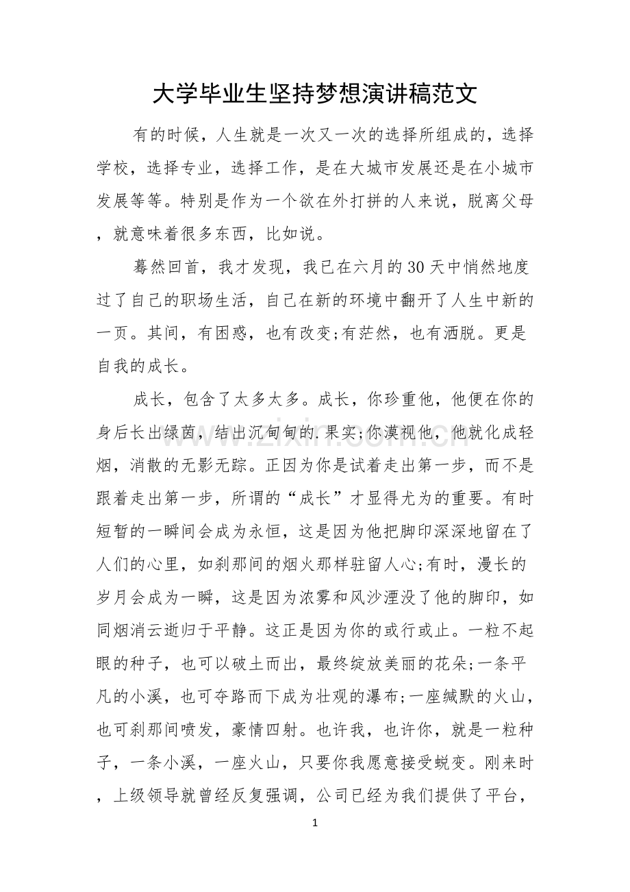 大学毕业生坚持梦想演讲稿范文.docx_第1页