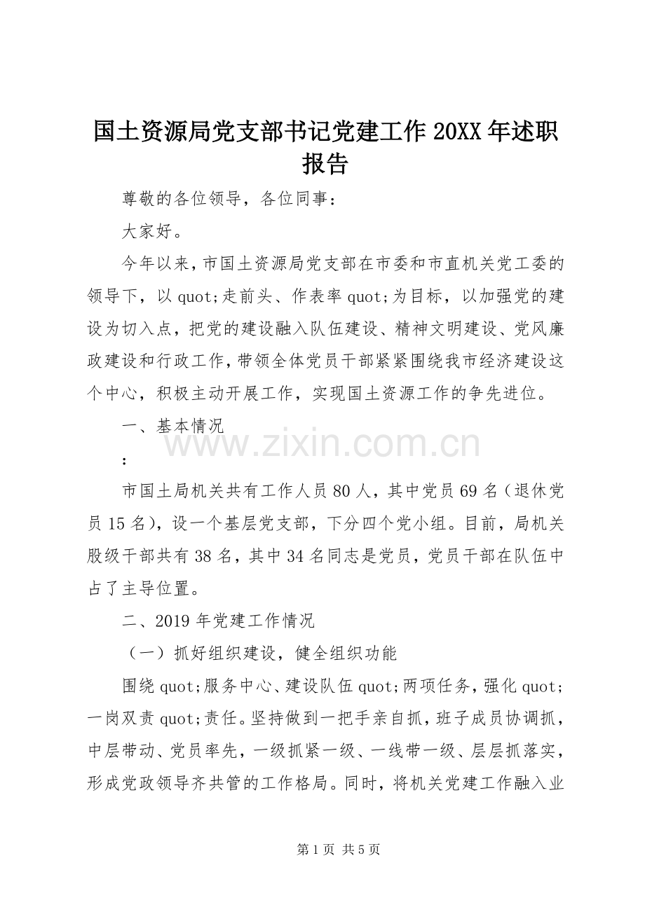 国土资源局党支部书记党建工作20XX年述职报告.docx_第1页