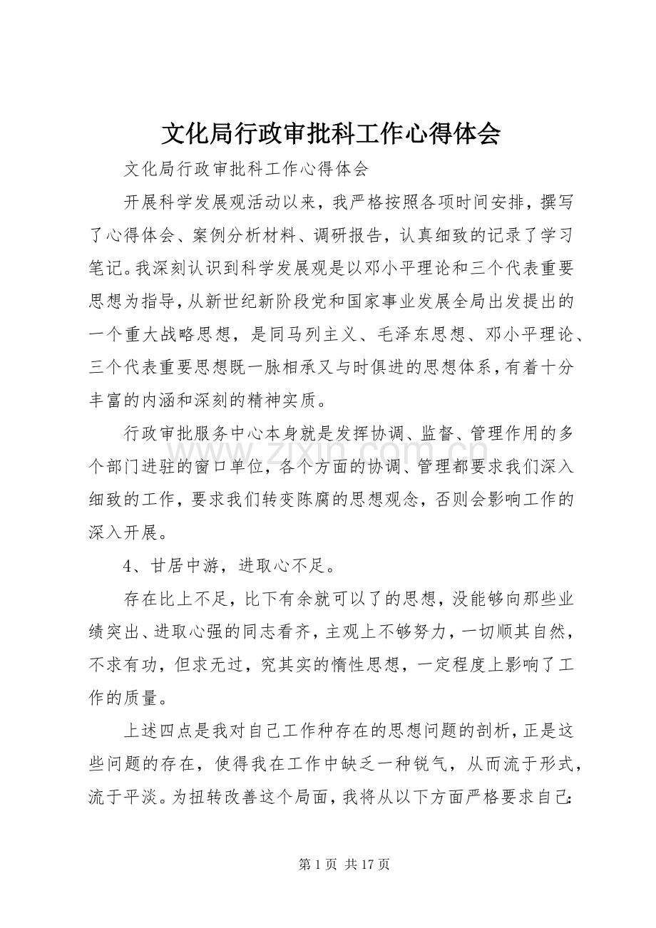 文化局行政审批科工作心得体会.docx_第1页