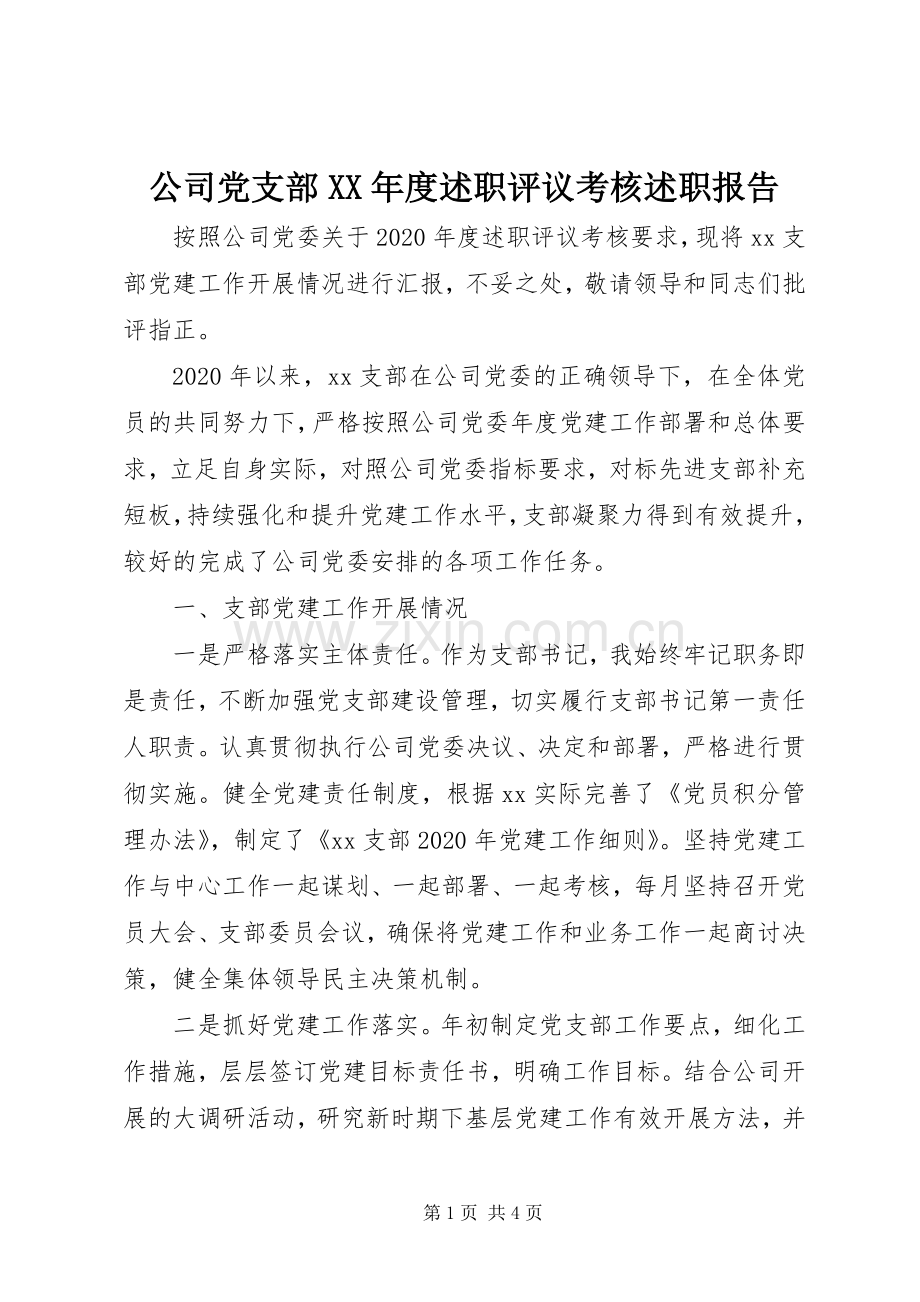 公司党支部XX年度述职评议考核述职报告.docx_第1页