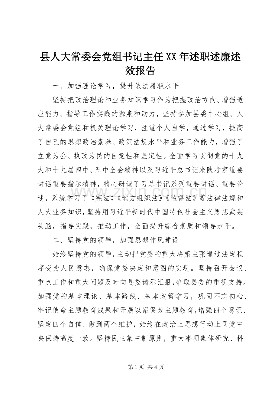 县人大常委会党组书记主任XX年述职述廉述效报告.docx_第1页