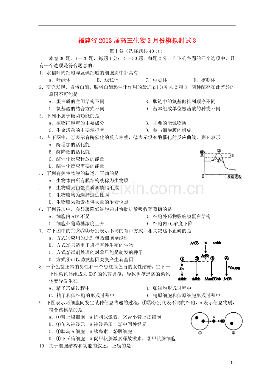 福建省2013届高三生物3月份模拟测试3.doc_第1页