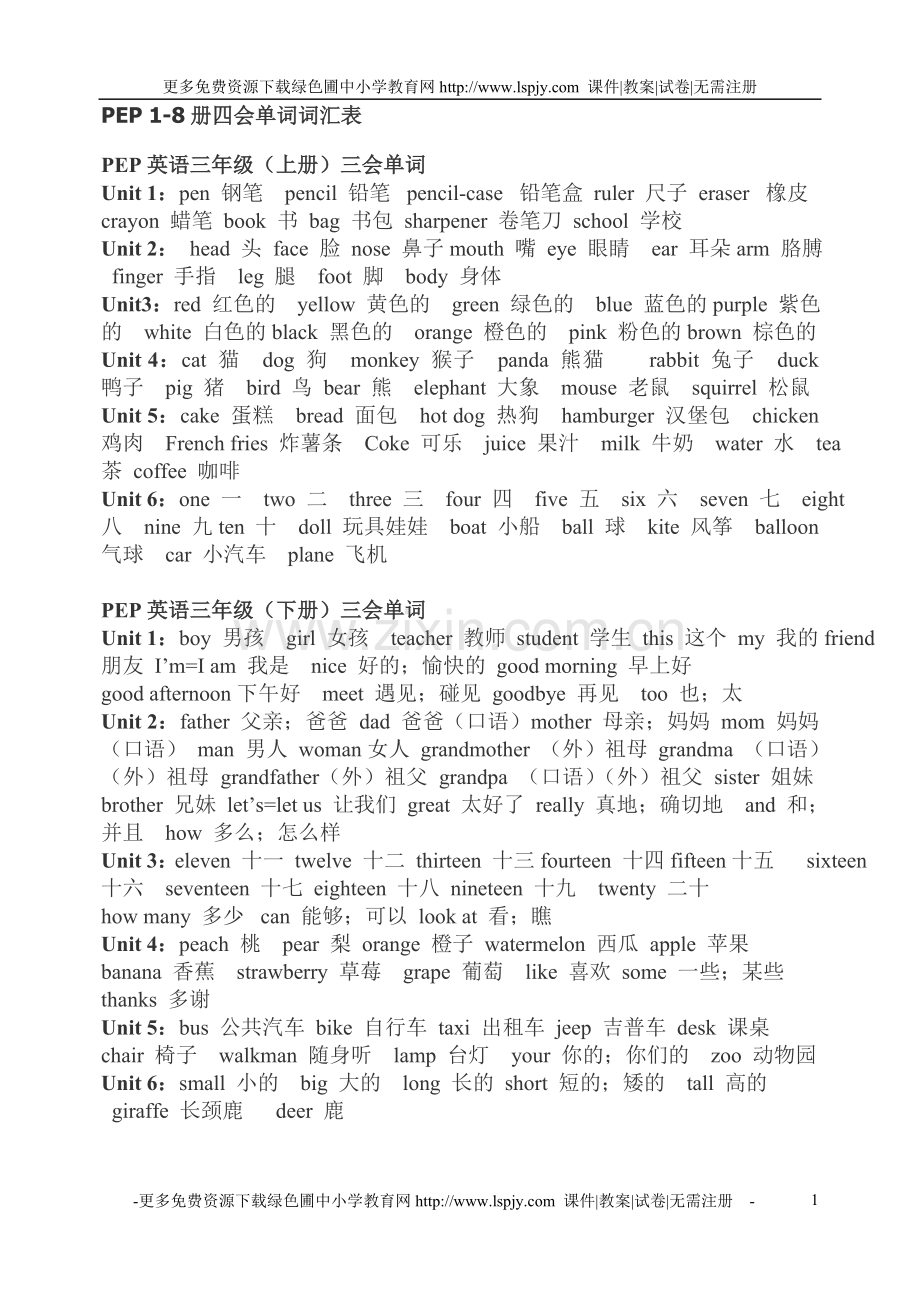 小学三-六年级英语全部单词词汇表总复习资料.doc_第1页