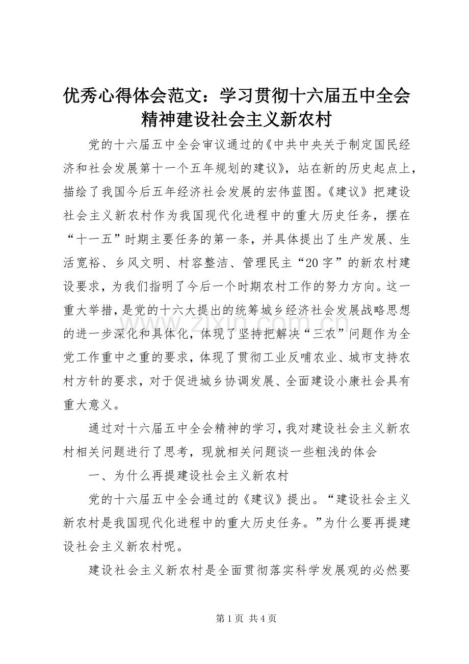 优秀心得体会范文：学习贯彻十六届五中全会精神建设社会主义新农村.docx_第1页