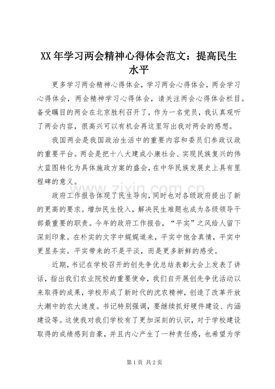 XX年学习两会精神心得体会范文：提高民生水平.docx_第1页