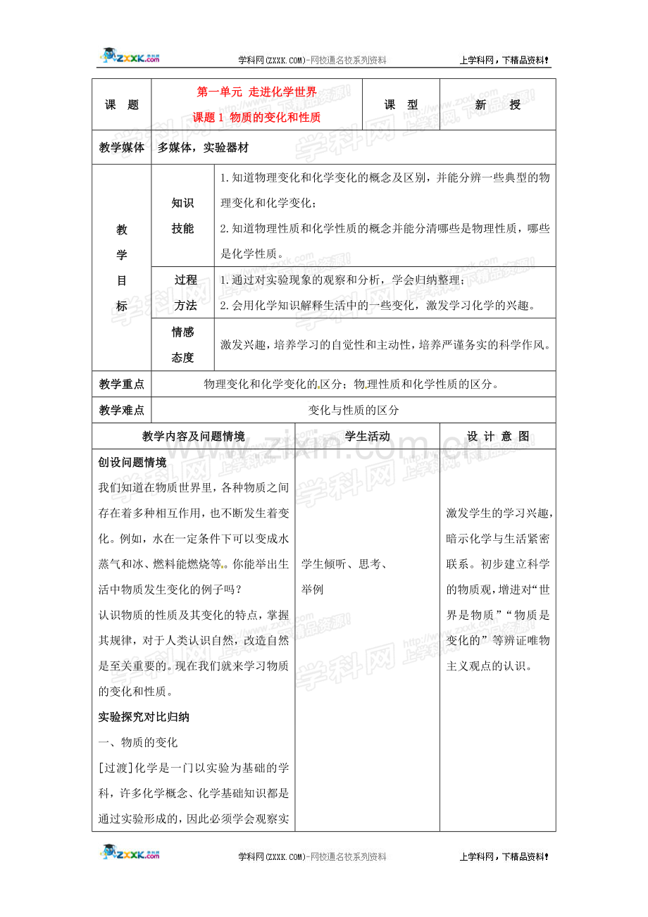 化学：1.1物质的变化和性质教案(人教新课标版九年级上).doc_第1页