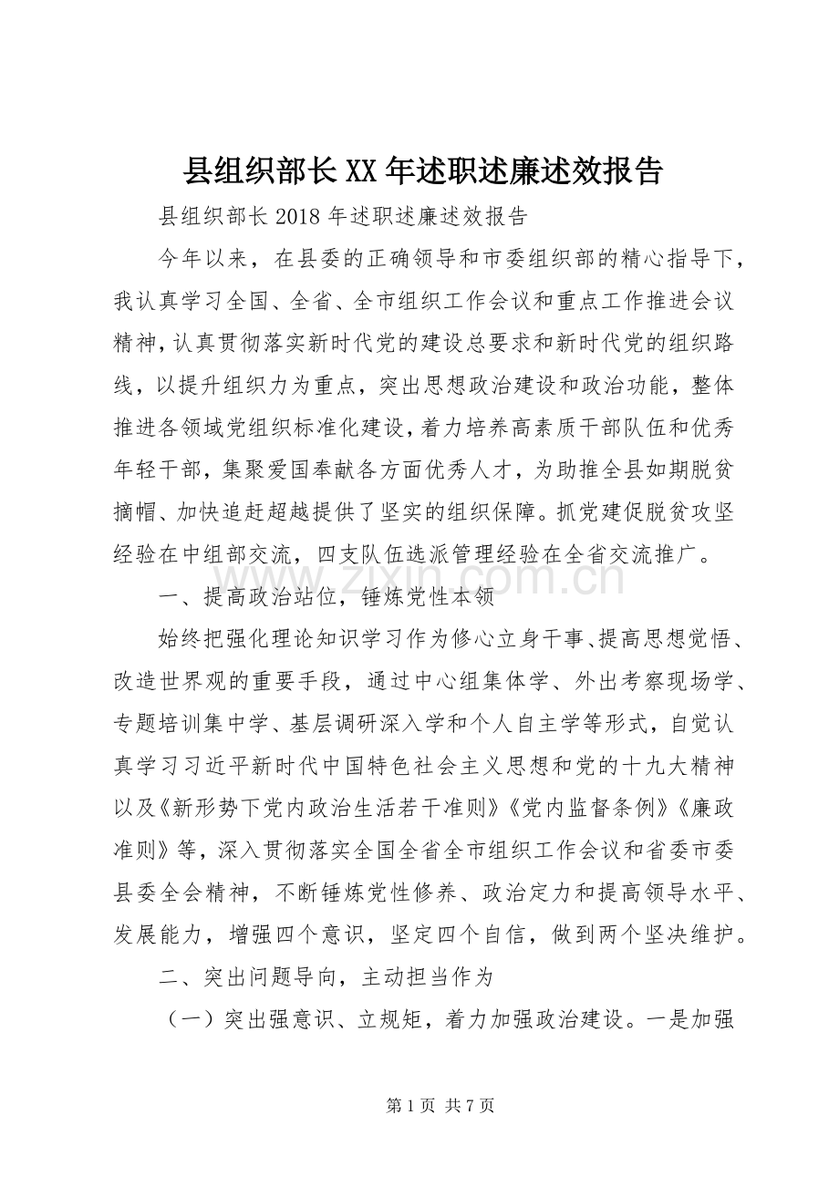 县组织部长XX年述职述廉述效报告.docx_第1页