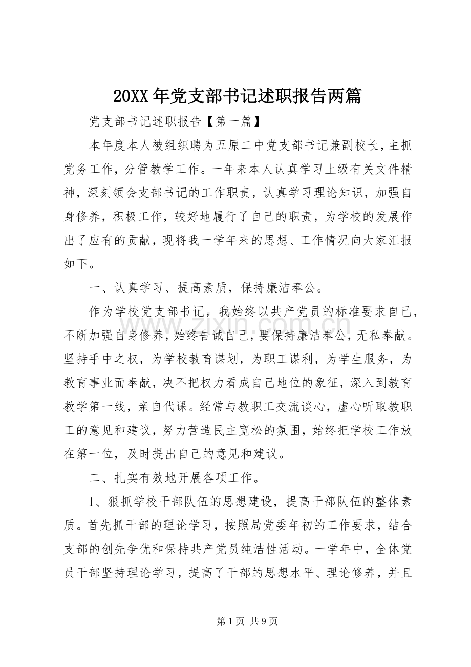 20XX年党支部书记述职报告两篇.docx_第1页