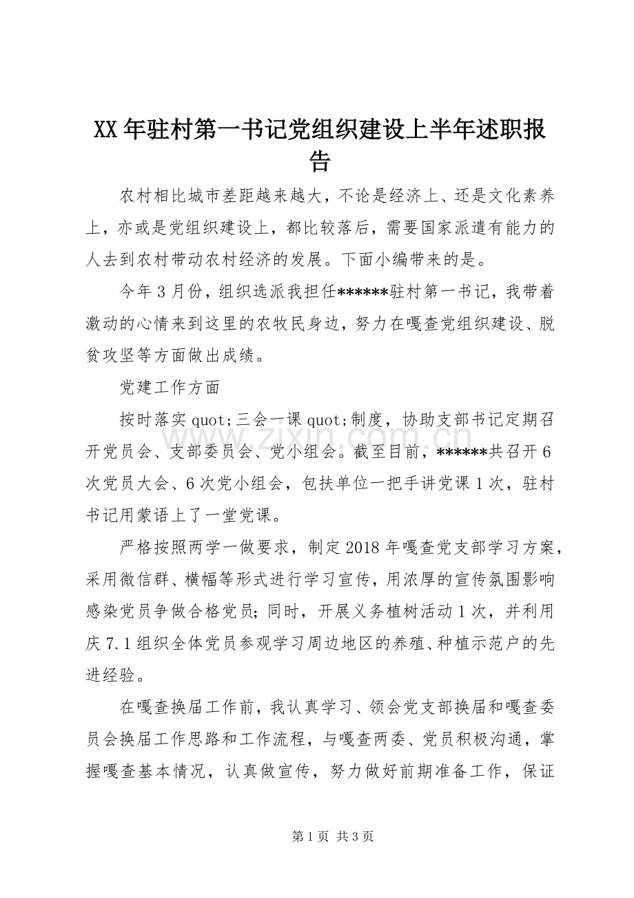 XX年驻村第一书记党组织建设上半年述职报告.docx_第1页