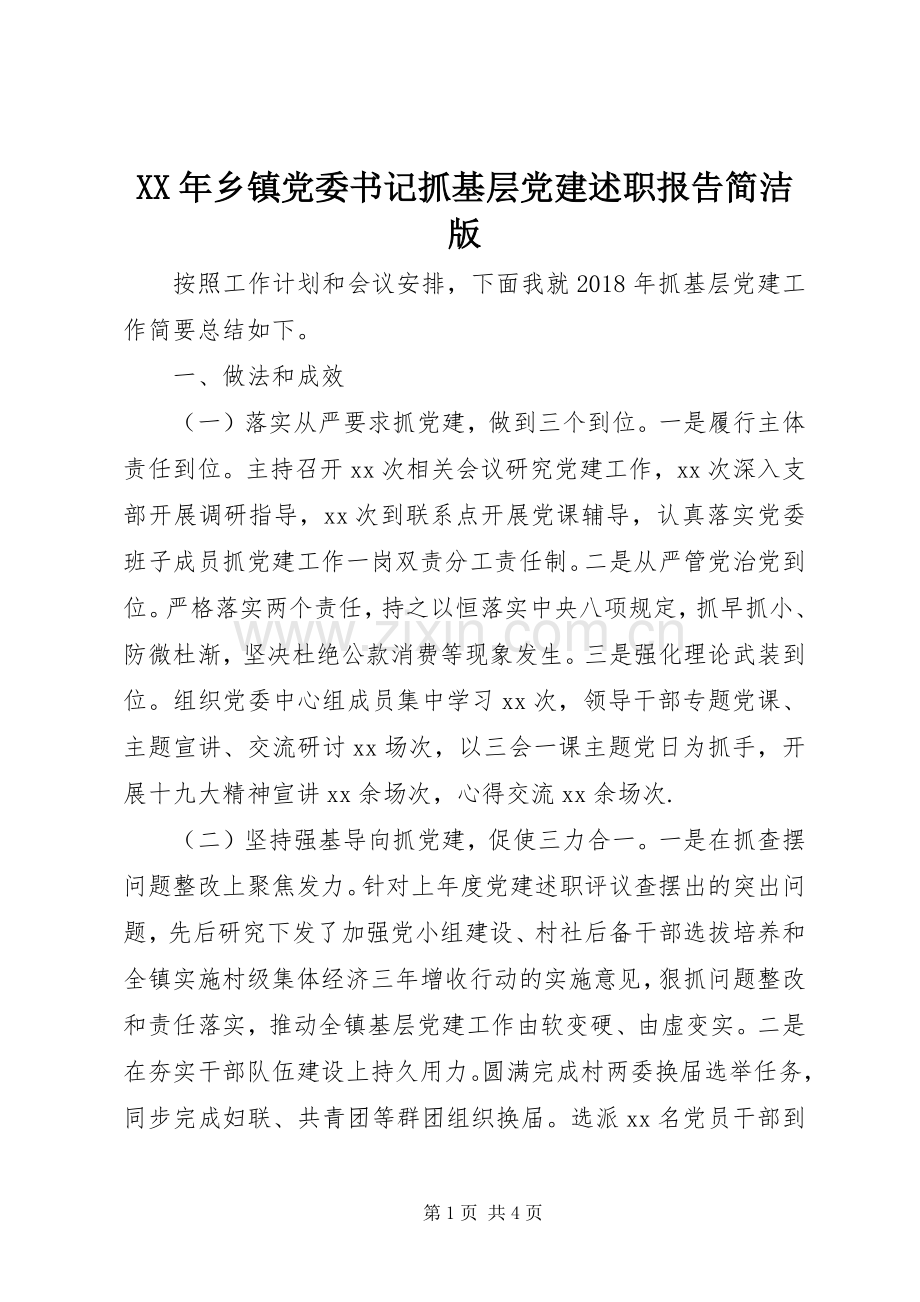 XX年乡镇党委书记抓基层党建述职报告简洁版.docx_第1页