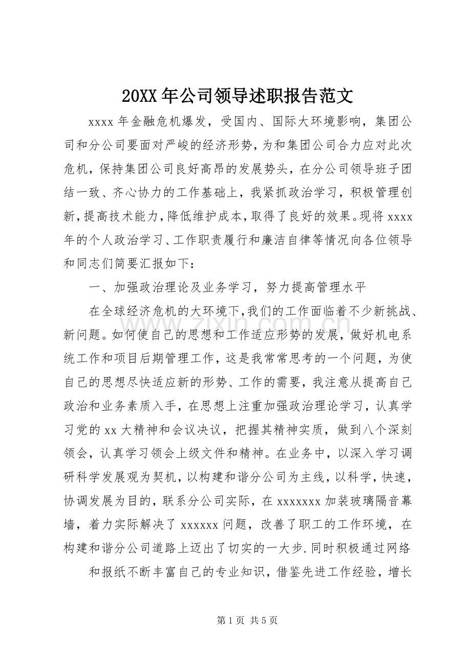 20XX年公司领导述职报告范文.docx_第1页