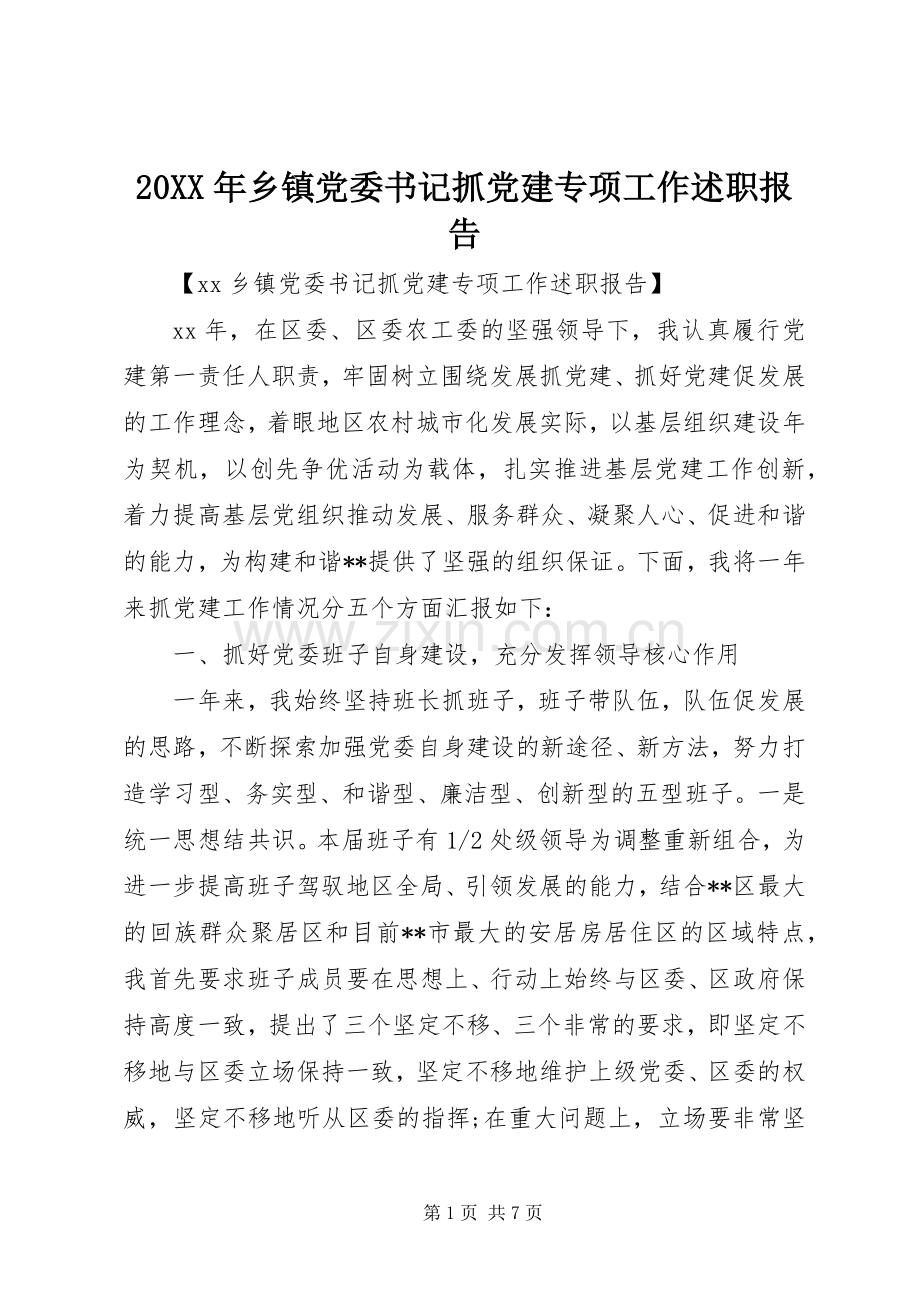 20XX年乡镇党委书记抓党建专项工作述职报告.docx_第1页