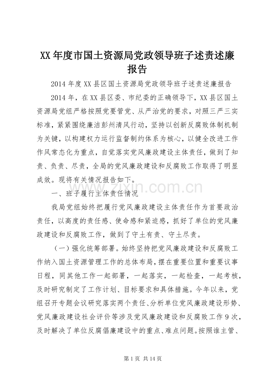 XX年度市国土资源局党政领导班子述责述廉报告.docx_第1页