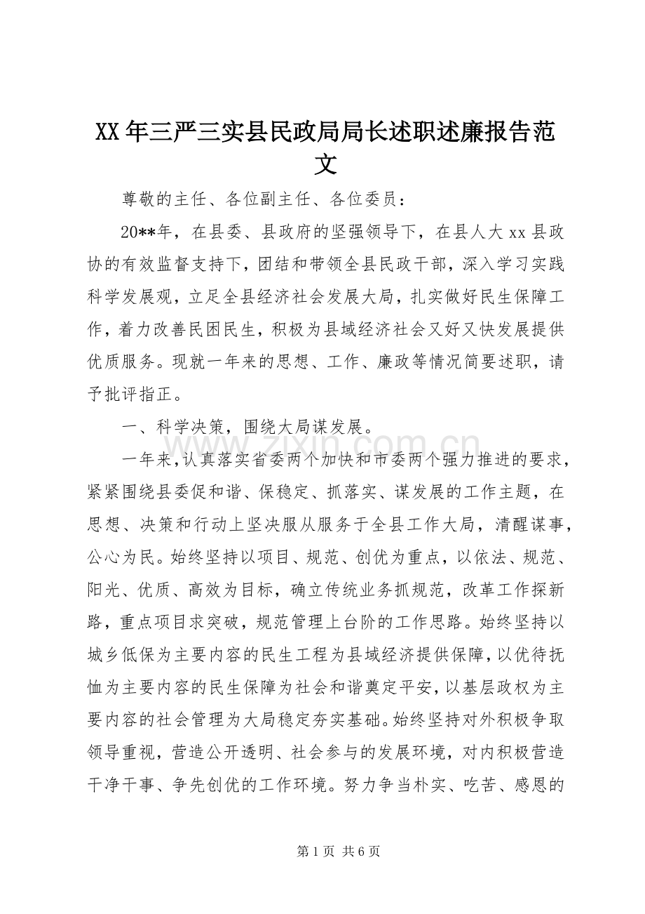 XX年三严三实县民政局局长述职述廉报告范文.docx_第1页