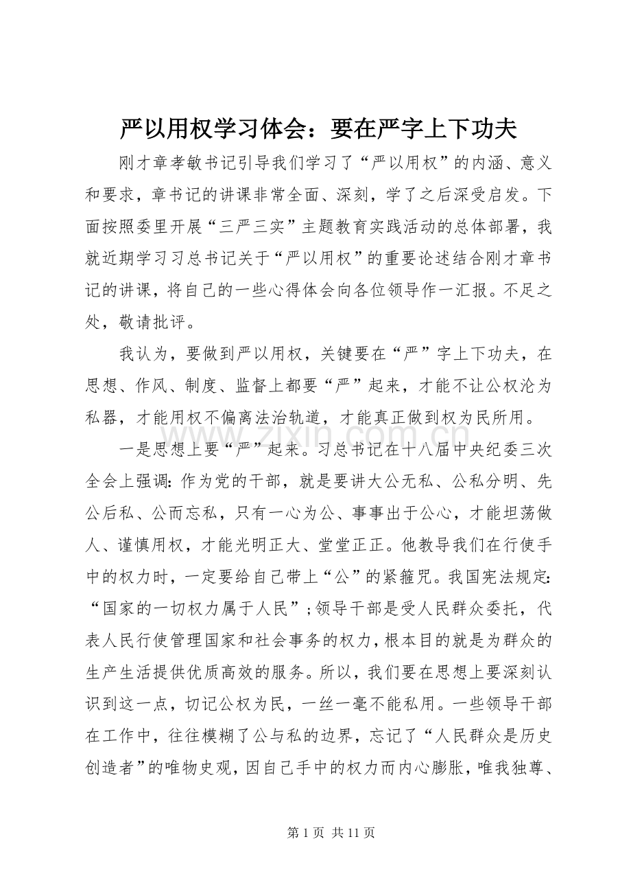 严以用权学习体会：要在严字上下功夫.docx_第1页