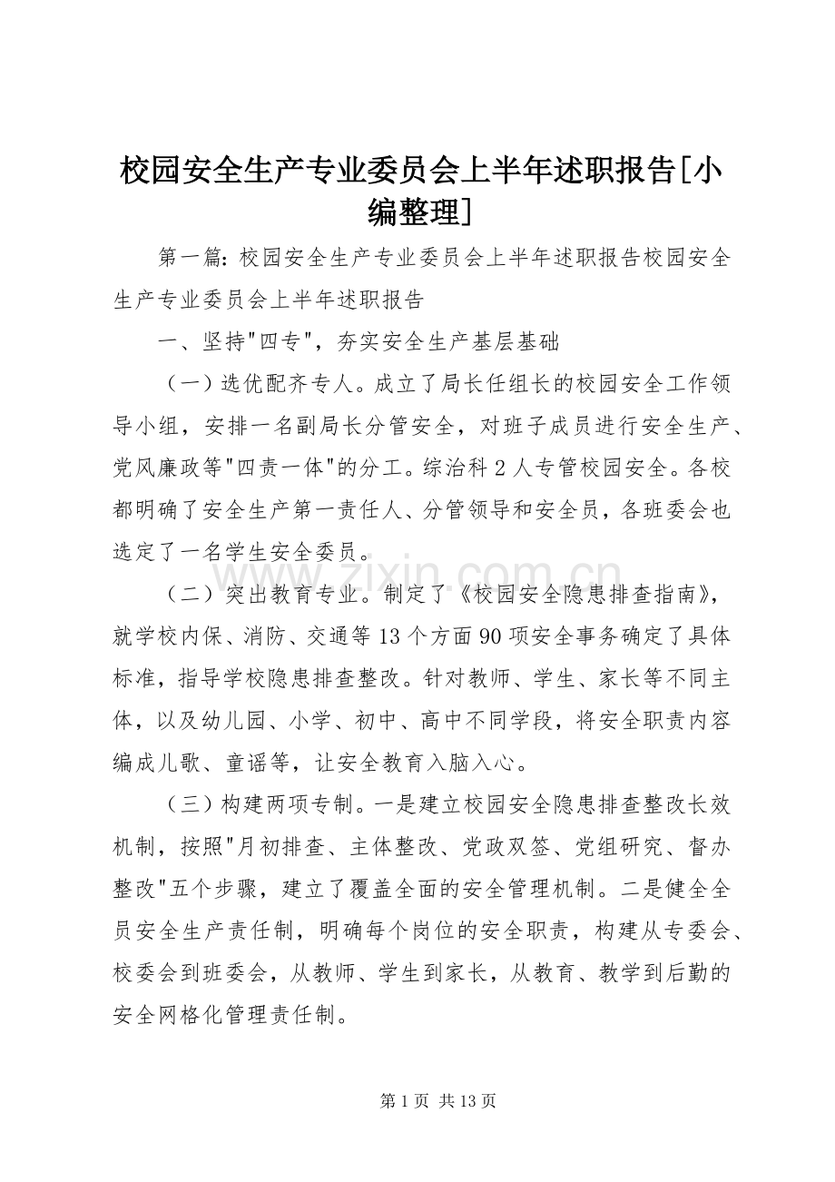 校园安全生产专业委员会上半年述职报告[小编整理].docx_第1页