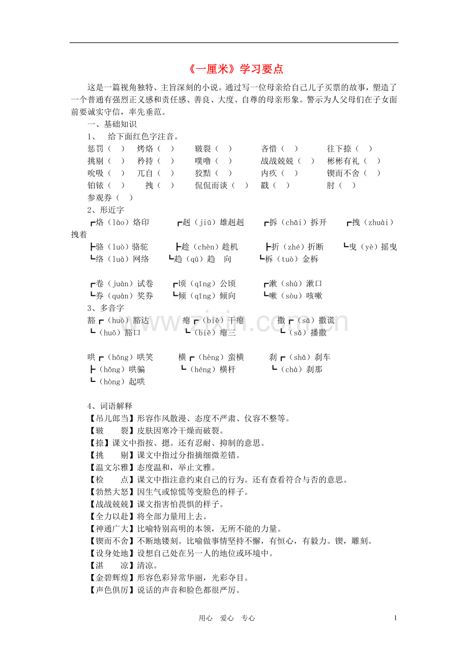 九年级语文下册《一厘米》学习要点-苏教版.doc_第1页