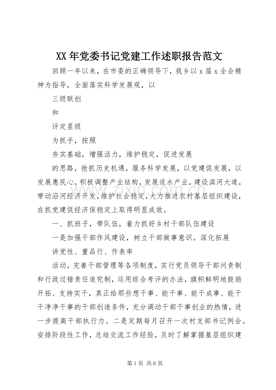 XX年党委书记党建工作述职报告范文.docx_第1页