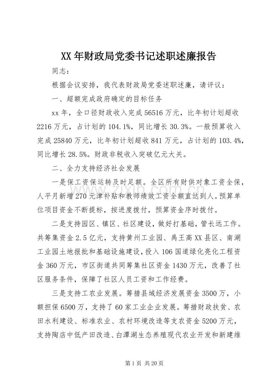 XX年财政局党委书记述职述廉报告.docx_第1页