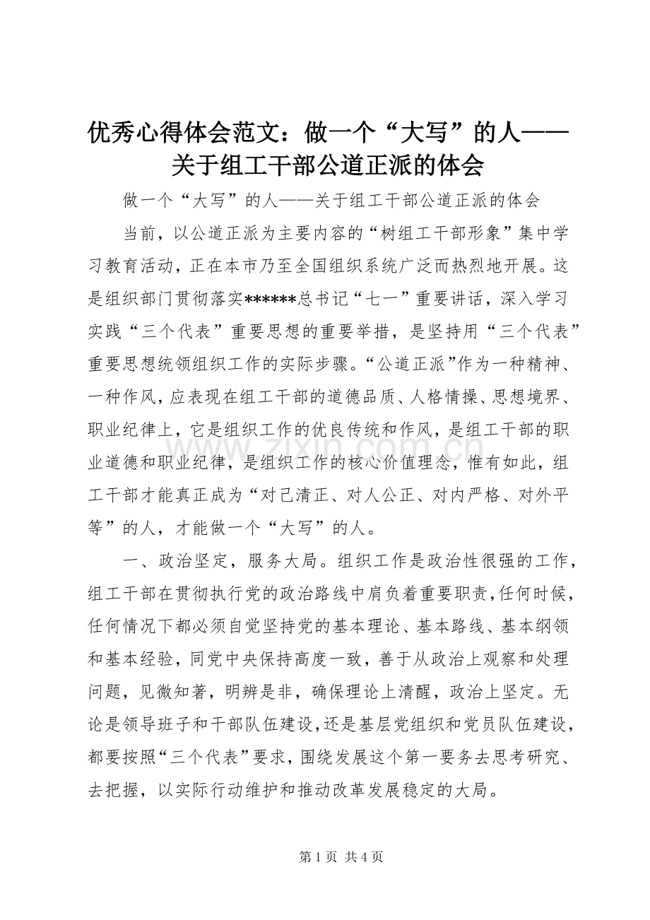 优秀心得体会范文：做一个“大写”的人——关于组工干部公道正派的体会.docx_第1页